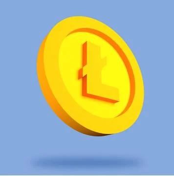 A 3d golden penny with crypto value litecoin signs on it on a light blue back Ilustración de archivo