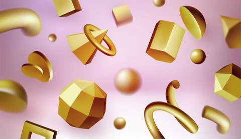 3d golden shapes, geometric elements. Abstract gold donut, spiral and cone, y Illustrazione stock