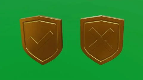 3D Golden shield animation with accept and decline icon on green screen Video stock 224909633
