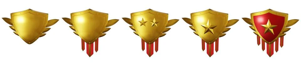 3D golden shield set, game badge, realistic level up metal render trophy Stock Illustration