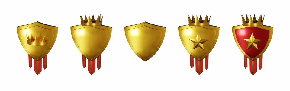 3D golden shield set, level up game badge, realistic metal render trophy Stock Illustration