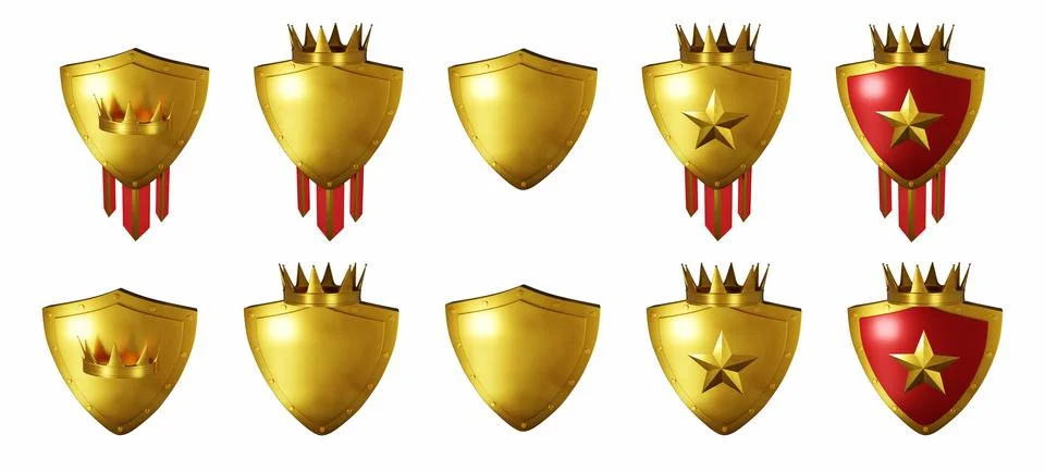 3D golden shield set, level up game badge, realistic metal render trophy Stock Illustration