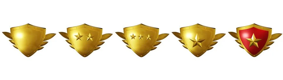 3D golden shield set, level up game badge, realistic metal render trophy Stock Illustration