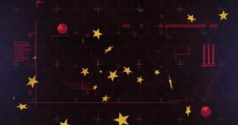 3D golden star cluster being animated on dark hex grid, showing red UI icons and Stock Footage 309255182