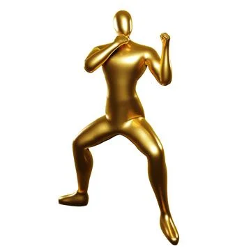3d golden stickman doing karate stance moves Stock Illustration