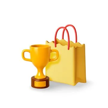 3d golden trophy cup and yellow shopping bag Stock Illustration