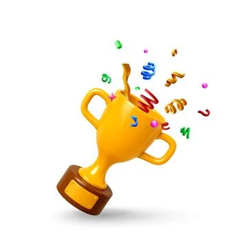 3D Golden trophy cup with confetti explosion. Stock Illustration