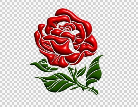 3D Gradient red elegant rose flower with green leafs Stock Illustration