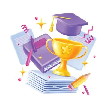 3D graduate cap banner, vector education golden cup, online study concept Stock Illustration