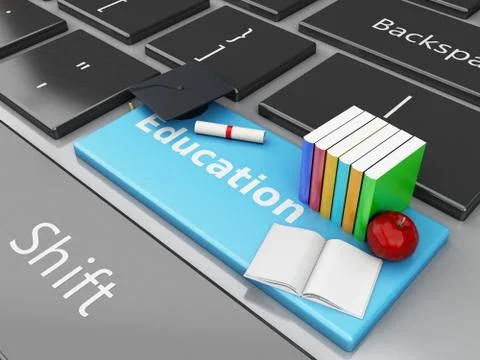 3d graduation cap, books on computer keyboard. 스톡 일러스트