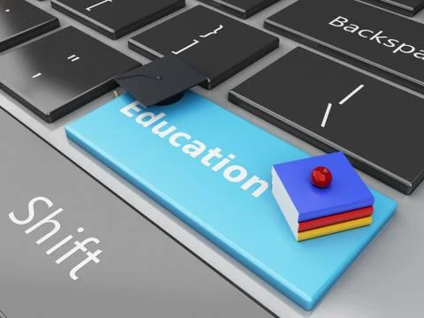 3d graduation cap, books on computer keyboard. 스톡 일러스트