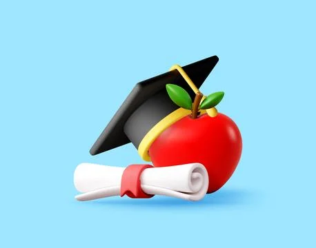 3D Graduation cap with diploma and red apple Stock Illustration