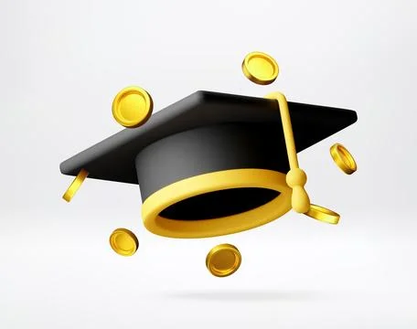 3D Graduation cap with floating gold coins Stock Illustration