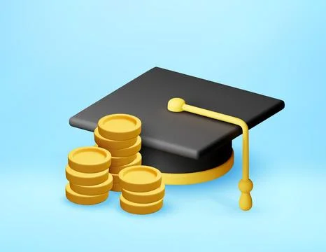 3D Graduation cap with stack of gold coins. Stock Illustration