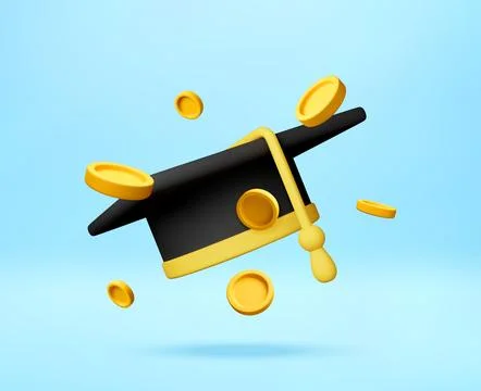 3D Graduation cap surrounded by gold coins. Stock Illustration