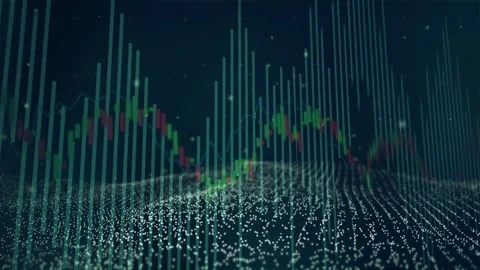 3D graph animating on play, candlestick pulsing, bars shifting, particle grid Stock Footage 333004394