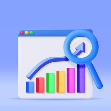 3D Graph Diagram in Window with Magnifying Glass 스톡 일러스트