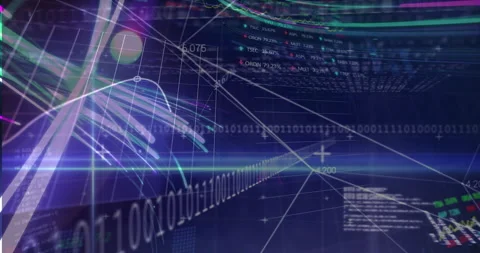 3D graph opening showing neon streaks sweeping, forming grid updating panels Stock Footage 310385025