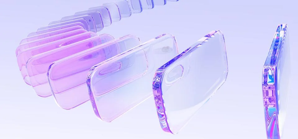 3d graphic array of glass transparent rectangle plate shape row with pink purple Stock Illustration