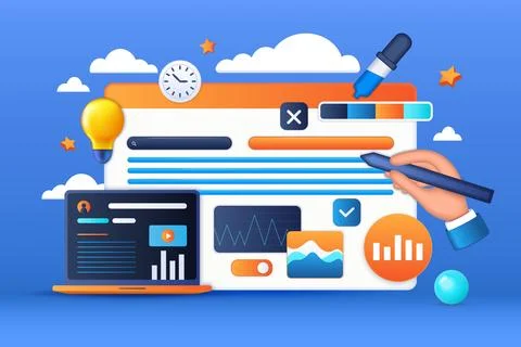 3D graphic design. Web UI render. Website creating. Software for computer Stock Illustration