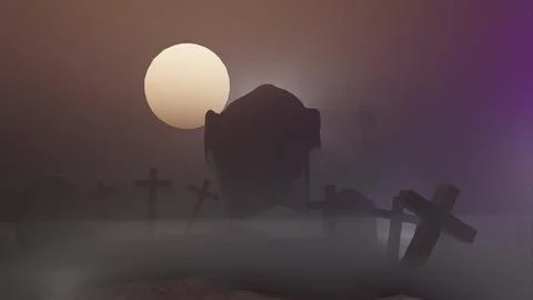 3D Graphic Ghost in a Scary Old Cemetery with Moon Stock Illustration