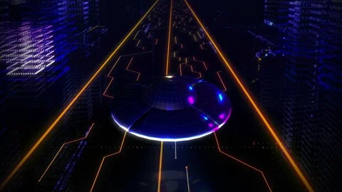 3D Graphic of Unidentified Flying Object Slowly Passing Through the Virtual City Stock Footage 172542443