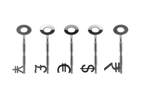 3D Graphics of a Bunch of Keys with Different Currency Symbol Stock Illustration