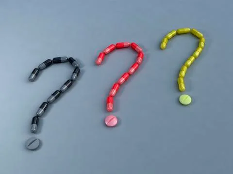 3d graphics, capsules and tablets form three question marks, symbolic image f Stock Illustration