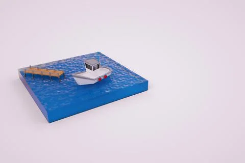 3D graphics, model of the pier and boat on the water. Boat at the pier. Computer Stock Illustration