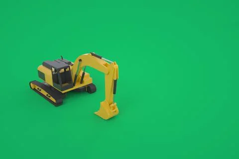 3D graphics model of a yellow excavator. Excavator with a bucket. Isolated Stock Illustration