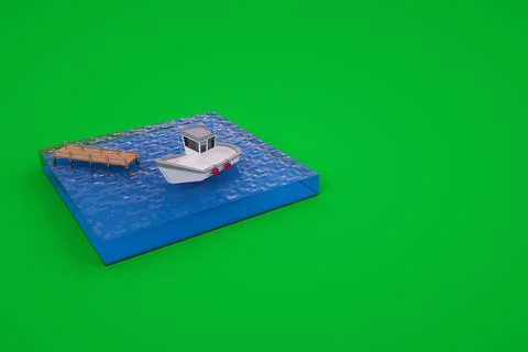 3D graphics, a small model of a boat on the water, a pier. Boat on the water at Stockillustratie