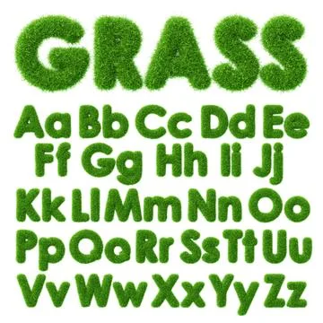3d grass text with green fluffy font of English ABC alphabet. Fresh plant type Illustrazione stock