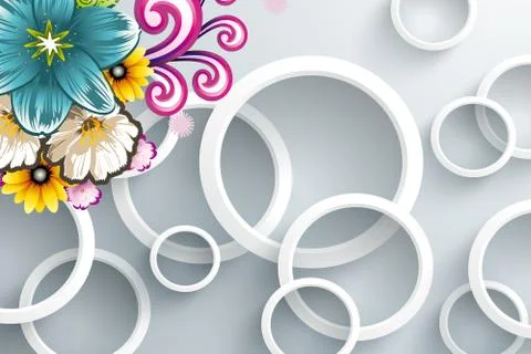 3d gray background, white circles, bright flowers Stock Illustration
