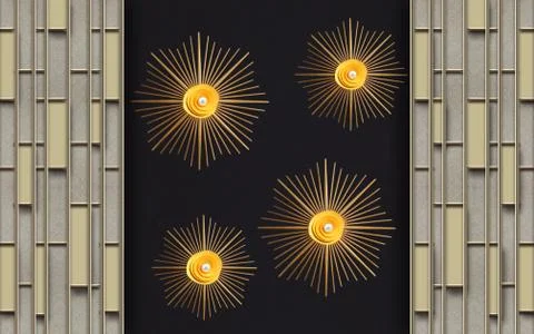 3d gray frames, abstract sun-like yellow flowers with silver pearls Stock Illustration