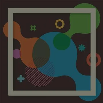 3D gray square frame with colorful abstract various shapes transparent over.. Stock Illustration