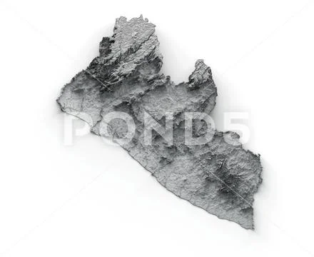 3D grayscale rendering of the Liberia topographic map on a white ...