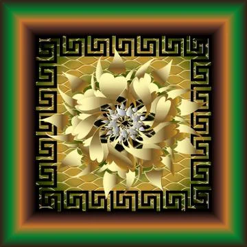 3d greek floral panel pattern. Modern vector luxury netting background. Gold  Stock Illustration