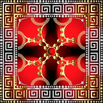 3d greek square frames seamless pattern. Vector ornate glowing red background Stock Illustration
