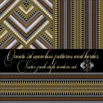 3d greek vector seamless patterns and border. Set. 스톡 일러스트