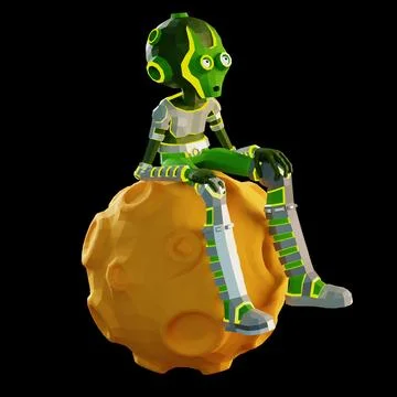3D green alien is sitting sadly on the moon Stock Illustration