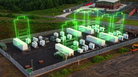 3D Green Animated Charging Battery Icon Graphics on BESS Battery Energy Storage Stock Footage 340822001