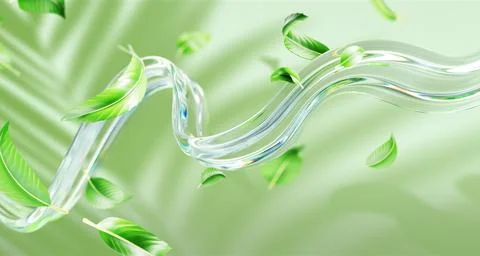 3d green background with water splash, tea leaves or fresh mint, palm leaf Illustrazione stock