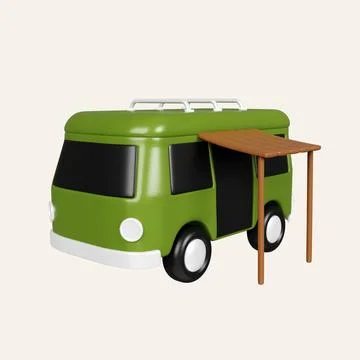 3d Green Camper Van. Concept Summer Adventure and Tourism. icon isolated on Stock Illustration