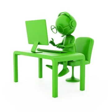 3d green character. operator - programmer. isolated on white Stock Illustration