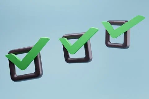 3D Green Checkmarks Complete Tasks, Blue Background Stock Illustration
