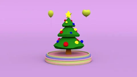 3d green Christmas tree rotating adorned with colorful balloons flying back.. Stock Footage 289181619