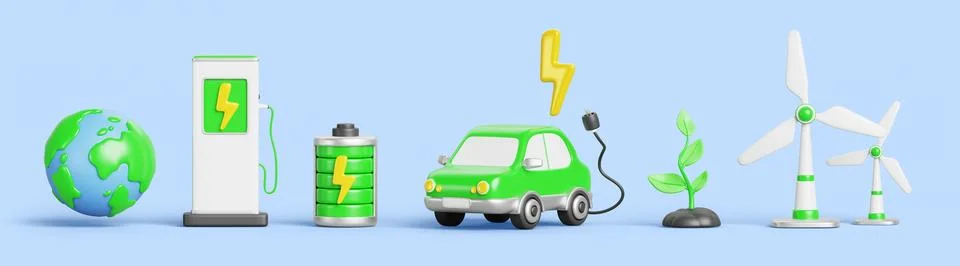 3d green energy render icon set. Earth globe, ev charging station, battery power Illustrazione stock