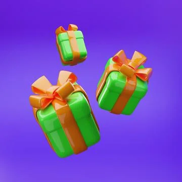 3D green gift boxes with orange bows, falling, various shapes and sides. Stock Illustration
