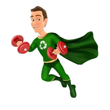 3d green hero flying with two dumbbells Stock Illustration