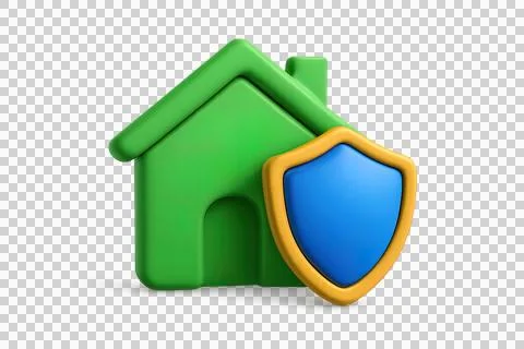 3D Green House with Blue Security Shield Icon on Transparent Background Stock Illustration